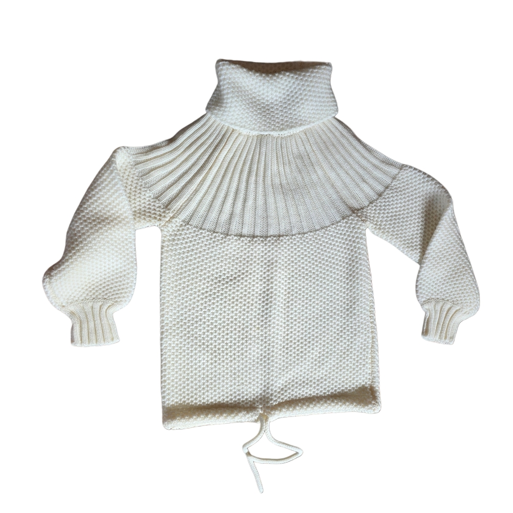 Vintage 80s Chunky Knit Sweater Cream White Cowl Neck Turtkeneck Tie Waste Small